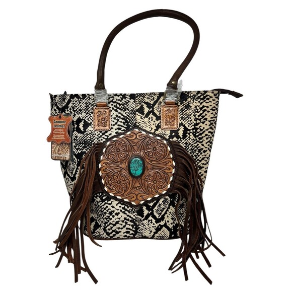 American Darling Tote Hand Tooled Hair on Genuine Leather Western Women Bag NEW - Picture 1 of 16
